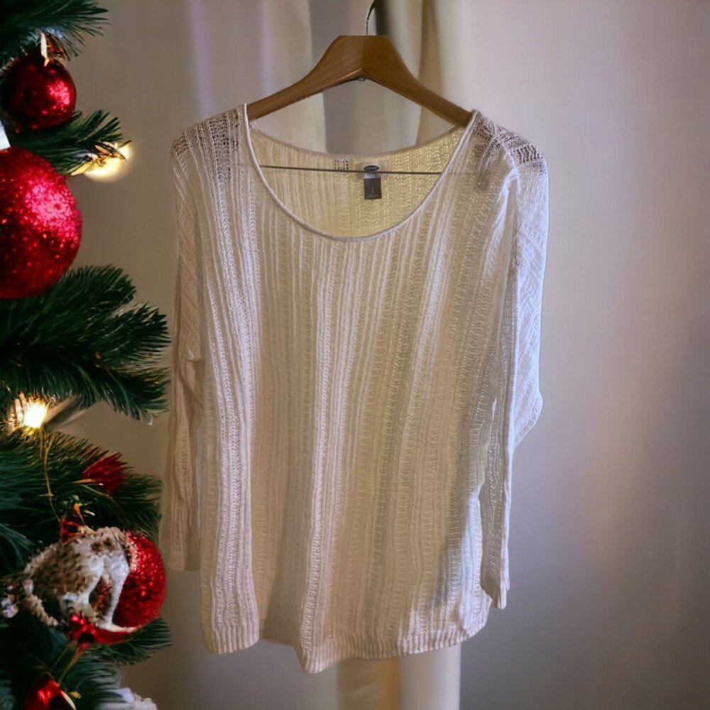 Old Navy Womens Sweater Large White Loose Knit Thin Pullover Cottagecore